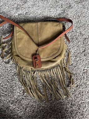 Fossil Olive Green Fringe Crossbody with Brown Strap